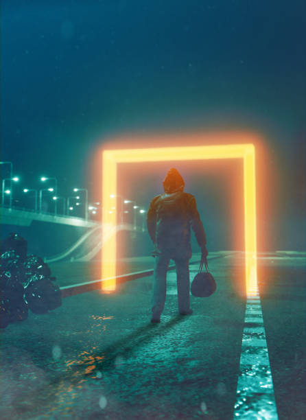 istock Strange portals glows as man with a bag walks into it 1347758594