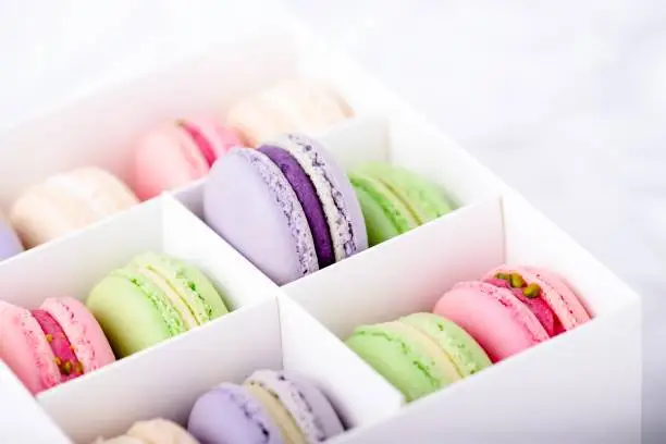 Photo of Box with colorful sweet macarons, copy space
