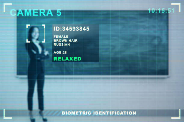 istock Security camera recognizing attractive young european businesswoman standing in blurry office interior with chalkboard. ID, scanning and cctv concept. Double exposure. 1347759974