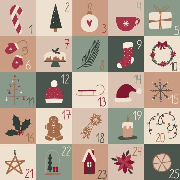 Advent calendar Christmas advent calendar with Christmas ball, cup of tea, hat, mittens, cupcake, poinsettia, candy, sled, garland, house, fir tree and snowflakes. Vector graphics. poinsettia christmas candle flower stock illustrations