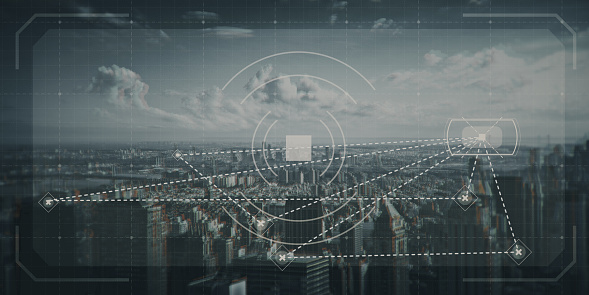 Wide image of abstract city wallpaper with digial grid and mesh. Web, network, map and information concept. Double exposure