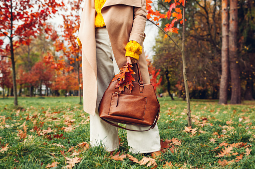 Fashionable woman wearing stylish clothes and accessories walking in fall park. Autumn female outfit. Trendy flared pants with sweater, coat and handbag