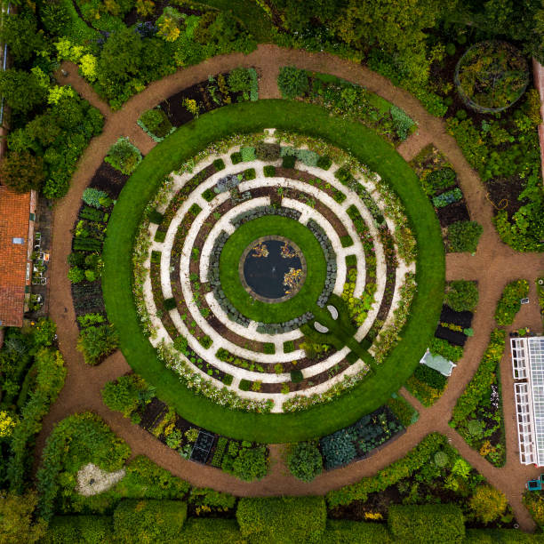 Aerial view directly above a landscaped formal garden with symmetrical circles An aerial view of a formal garden in the UK with symmetrical lines and a circle or circular design with fountain and maze fountain photos stock pictures, royalty-free photos & images