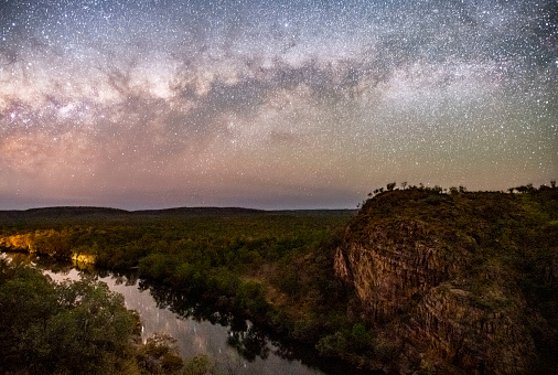 The Katherine River flows beneath a sharp and bright Milky Way in the night sky