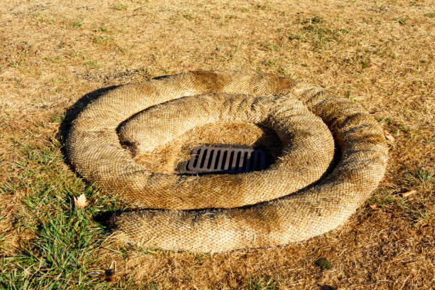 istock Straw wattle around sewer grate manhole cover 1347774696