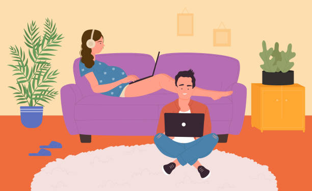 Husband and pregnant wife spend time together at home interior, happy family concept Husband and pregnant wife spend time together at home interior vector illustration. Cartoon woman in headphones listening to music, man sitting on living room floor with laptop. Happy family concept lifestyle backgrounds audio stock illustrations