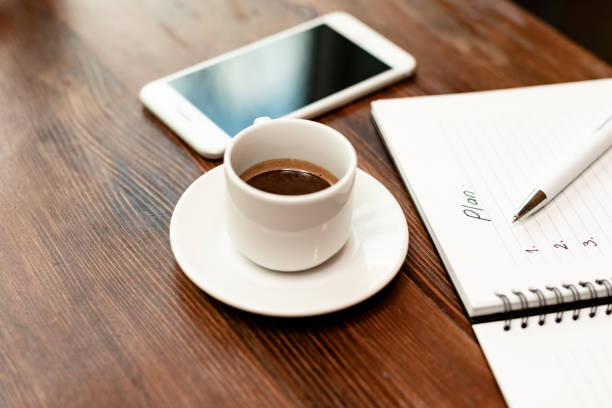 Plan with to do list and coffee with phone on wooden table