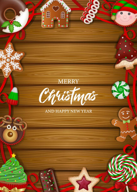 ilustrações de stock, clip art, desenhos animados e ícones de christmas poster with sweets and red ribbons on wooden background - gingerbread cake gingerbread man gingerbread cookie christmas