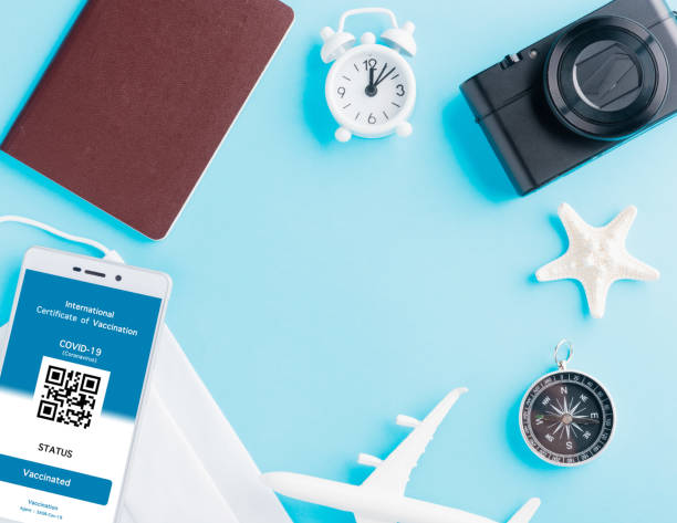 istock Model airplane, passport and immunity pass are arranged application on smartphone 1347798233