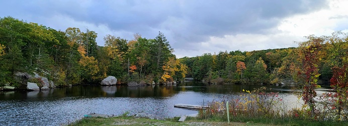 Calm lake waters surrounded by a large group of trees in colorful hues.