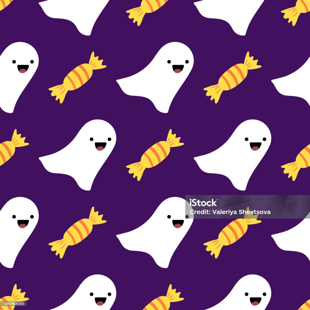 Cartoon Spooks Purple Background With Funny Spooks And Candies In Cartoon Style ...
