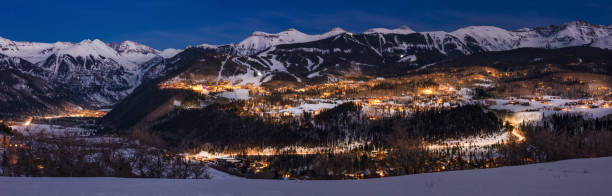Panoramic view of Mountain Village and Telluride, Colorado stock photo