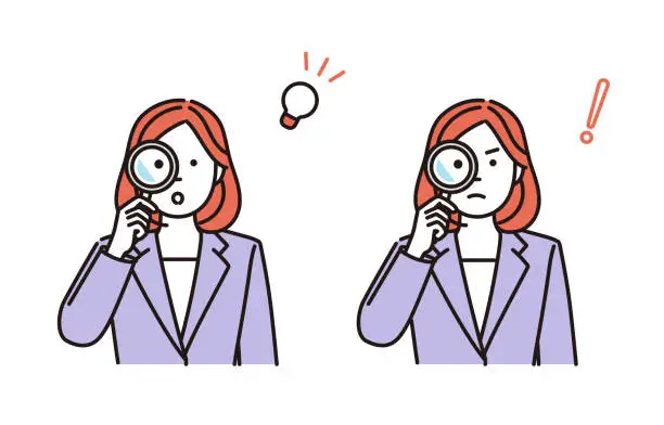 Vector illustration of Simple illustration of a businesswoman looking through a magnifying glass, set of 2 poses