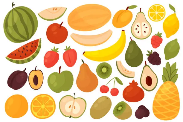 Vector illustration of Berries and fruits set, orange watermelon apple plum strawberry kiwi pear banana avocado