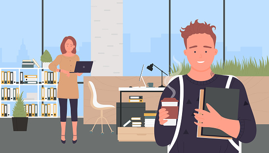 Morning start of office work vector illustration. Cartoon young man employee character holding paper cup of coffee, worker starting working day, woman looking at watch in office interior background