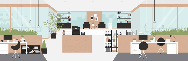 Open space office interior for business team work vector illustration. 3d modern room of coworking center with computer desk and chair in workplace, corporate furniture in perspective background