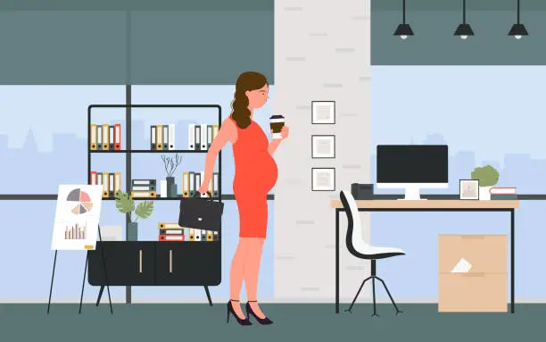 Vector illustration of Beautiful smiling pregnant business woman holding coffee, starting work day in in office
