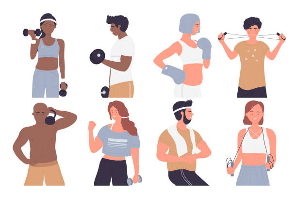 ilustrações de stock, clip art, desenhos animados e ícones de healthy sport exercises of athlete people isolated set - healthy lifestyle men boxing dumbbell