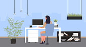 istock Businesswoman working in modern office interior, back view, sitting at computer to work 1347803780