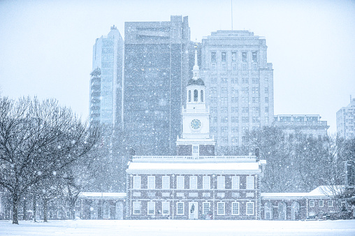 Snowy Philadelphia city, with view of Independence hall