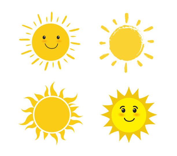 sonnensatz isoliert auf weißem hintergrund. lächelnde cartoon-sonne. vektorillustration. - sun sunlight symbol sphere stock-grafiken, -clipart, -cartoons und -symbole