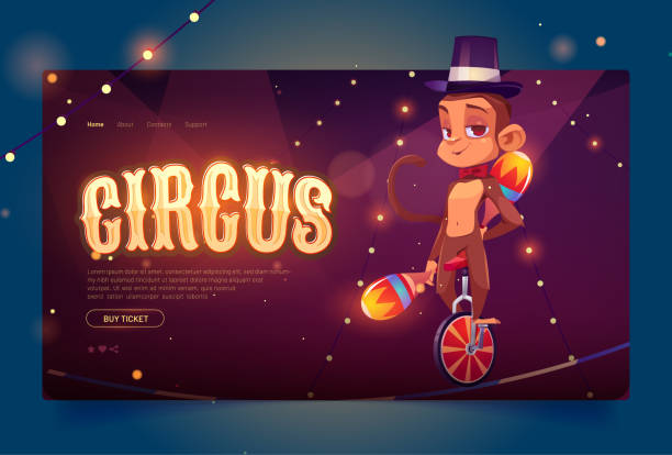 ilustrações de stock, clip art, desenhos animados e ícones de circus banner with cute monkey juggler on unicycle - unicycling unicycle cartoon balance