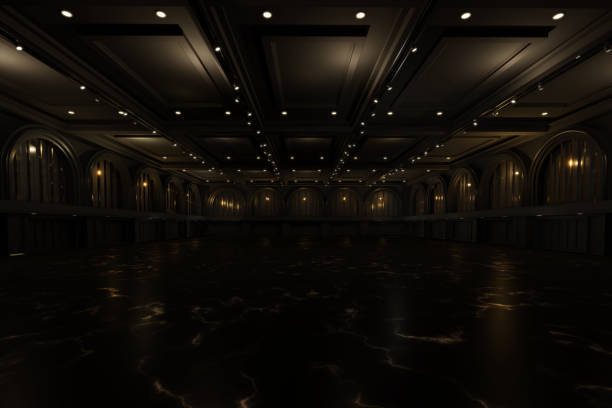 Empty convention hall center with stage.The backdrop for exhibition stands,booth elements. Meeting room for the conference.Big Arena for entertainment,concert,event. ballroom.3d render.