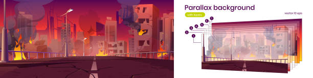 Parallax background city in fire, war destroy Parallax background city in fire, war destroy, abandoned burning broken buildings and bridge 2d cityscape . Cartoon bomb destruction view with separated layers for game scene, Vector illustration apocalypse fire stock illustrations