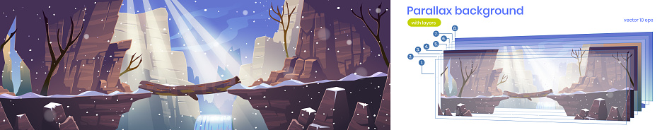 Winter landscape with mountains, log bridge above river, waterfall and bare trees. Vector parallax background with cartoon illustration of precipice between rock cliffs, water stream and snowfall