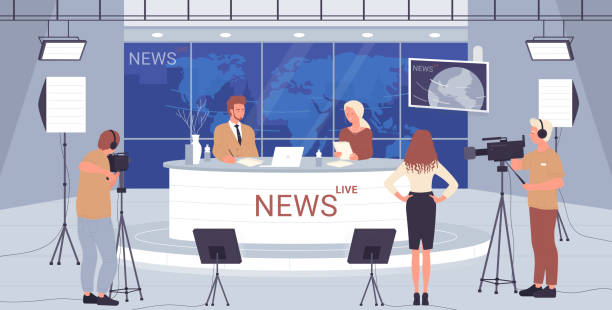 Tv studio live news, broadcasting show interview, backstage television production scene Tv studio live news, broadcasting show interview vector illustration. Cartoon backstage television production scene with people presenters at desk on platform stage, operator cameraman with camera news event illustrations stock illustrations