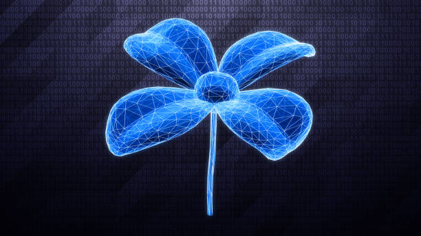3D mesh of a flower isolated on dark hi-tech background in binary cyberspace. stock photo