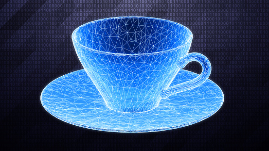 3D mesh of a cup isolated on dark hi-tech background in binary cyberspace. 3D illustration.
