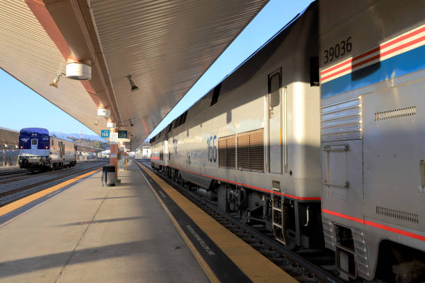 GE Genesis P42DC Passenger Diesel Locomotives operated by Amtrak, Los Angeles Union Station Los Angeles, California, USA - October 10, 2021: GE Genesis P42DC Passenger Diesel Locomotives operated by Amtrak, Los Angeles Union Station. Amtrak stock pictures, royalty-free photos & images