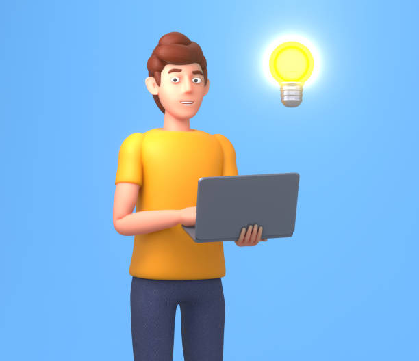 istock 3d render of a young man with laptop standing near idea light bulb 1347825742