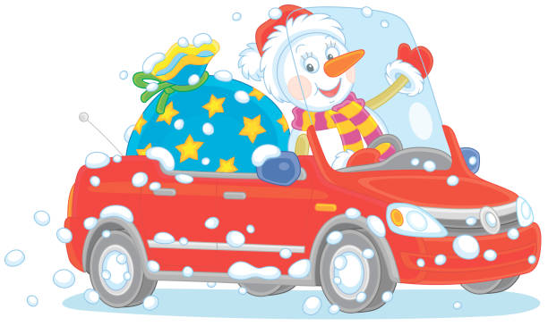istock Snowman with gifts driving a toy car 1347827665