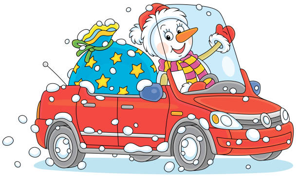 istock Snowman with gifts driving a toy car 1347827671