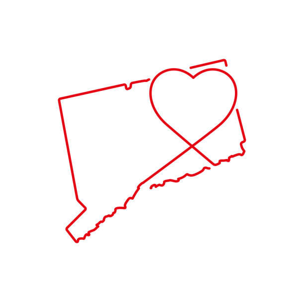 ilustraciones, imágenes clip art, dibujos animados e iconos de stock de mapa de contorno rojo del estado de connecticut ee. uu. con la forma de corazón escrita a mano. ilustración vectorial - map cartography connecticut drawing