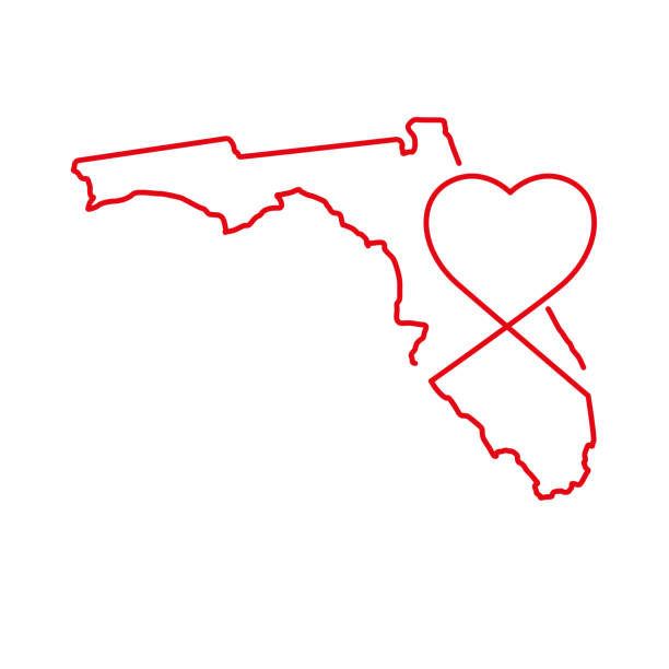 Florida US state red outline map with the handwritten heart shape. Vector illustration Florida US state red outline map with the handwritten heart shape. Continuous line drawing of patriotic home sign. A love for a small homeland. T-shirt print idea. Vector illustration. small florida home stock illustrations