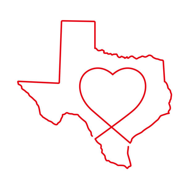 Texas US state red outline map with the handwritten heart shape. Vector illustration Texas US state red outline map with the handwritten heart shape. Continuous line drawing of patriotic home sign. A love for a small homeland. T-shirt print idea. Vector illustration. heart of texas stock illustrations