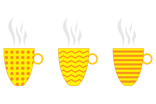 Big mug with steam. Yellow cup. Orange patterns. Hot drink. Cartoon style. Art design. Vector illustration. Stock image. EPS 10.
