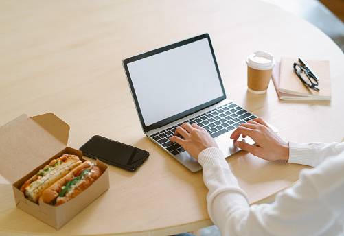Close up of entrepreneur woman hands working on laptop computer have lunch break eating sandwitch on desk at home office in winter day. Food delivery, quarantine, take out food, Unhealthy lifestyle.