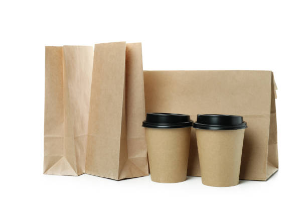 istock Paper cups and paper bags isolated on white background 1347829332