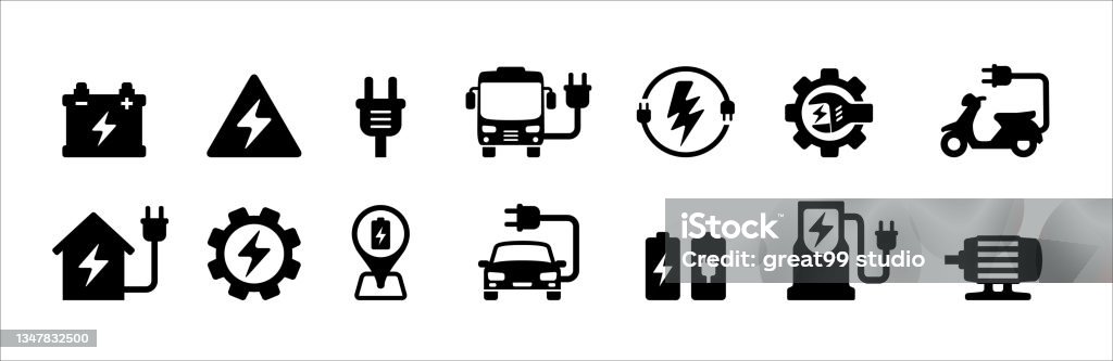 Electric car, bus, motorcycle vector icon set. Renewable electric power vehicle icons illustration. Contain icon such as car, location symbol, motor, charging station, maintenance and repair - Royaltyfri Ikon vektorgrafik