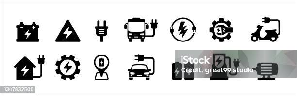 Electric Car Bus Motorcycle Vector Icon Set Renewable Electric Power Vehicle Icons Illustration Contain Icon Such As Car Location Symbol Motor Charging Station Maintenance And Repair-vektorgrafik och fler bilder på Ikon