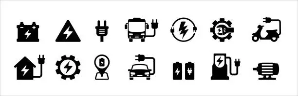 Vector illustration of Electric car, bus, motorcycle vector icon set. Renewable electric power vehicle icons illustration. Contain icon such as car, location symbol, motor, charging station, maintenance and repair