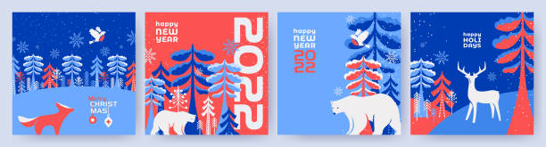 merry christmas and happy new year set of greeting cards, posters, holiday covers. winter landscape with fairy forest, white bear, deer, bullfinch, fox - 新年前夜 插圖 幅插畫檔、美工圖案、卡通及圖標