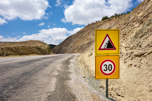 Landslide warning sign on the roadside