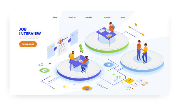 bildbanksillustrationer, clip art samt tecknat material och ikoner med job interview with candidate, landing page design, website banner vector template. employment, human resources, hiring. - intervju evenemang