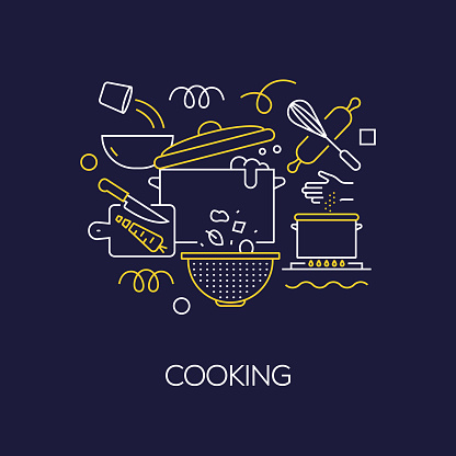 Graphics For Cooking Vector Set Of Illustration Cooking Concept Line Art Style Background ...