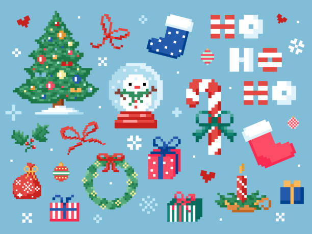 pixel art christmas elements clipart pack. - candy cane christmas holiday old fashioned stock illustrations